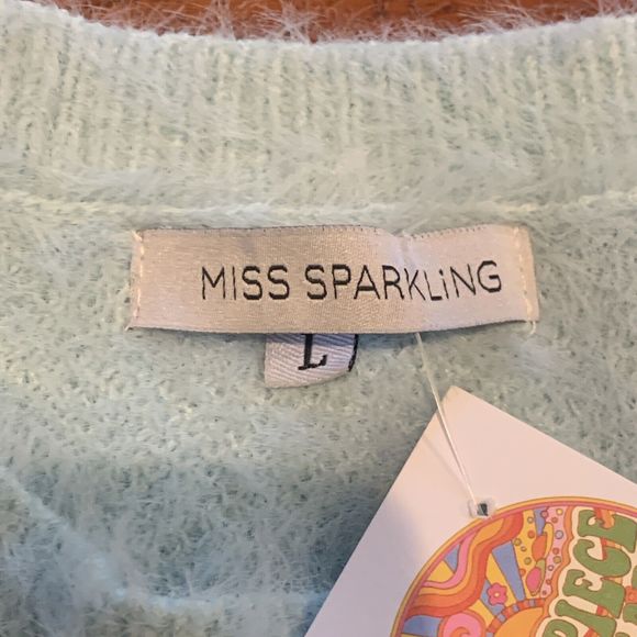 Miss Sparkling Fuzzy Yin-Yang 90's Vibe Turquoise Sweater Size L Crew Neck SOFT - Picture 4 of 9